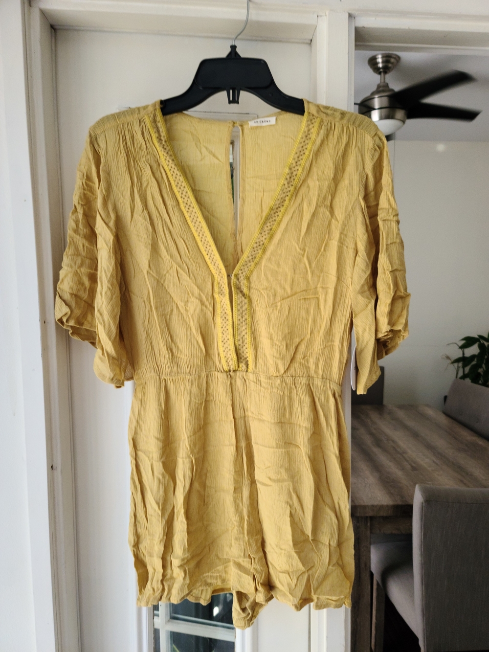 En Creme Mustard Yellow V-Neck Romper with Crochet Trim